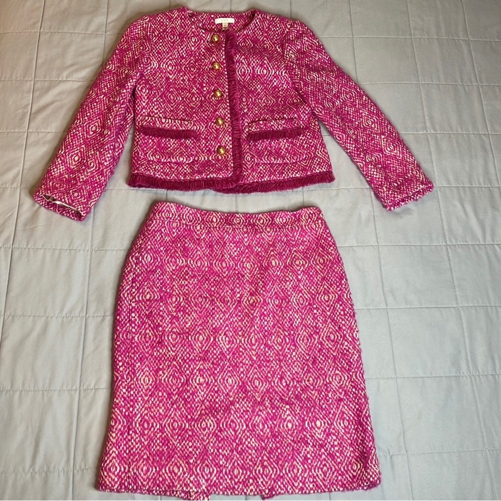 J Crew Women’s Wool Blend Suit Fuchsia Cream Tan No 2 Pencil Skirt and Blazer 6
